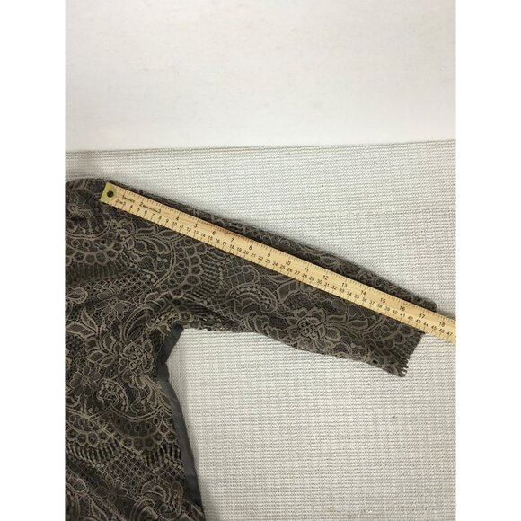 Maurices Womens Lace Overlay Top Size L 3/4 Sleeves Brown Gray Sheer Front - Picture 10 of 14